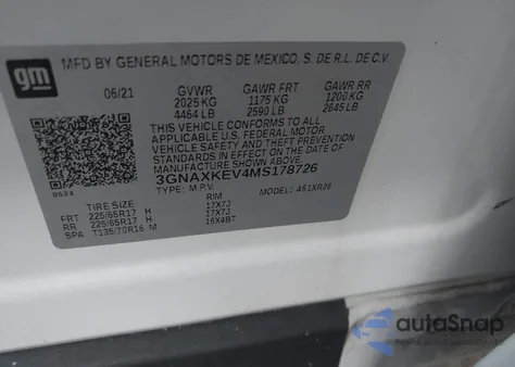 2021 Chevrolet Equinox Fwd Lt z USA, uszkodzony, nr VIN 3GNAXKEV4MS178726